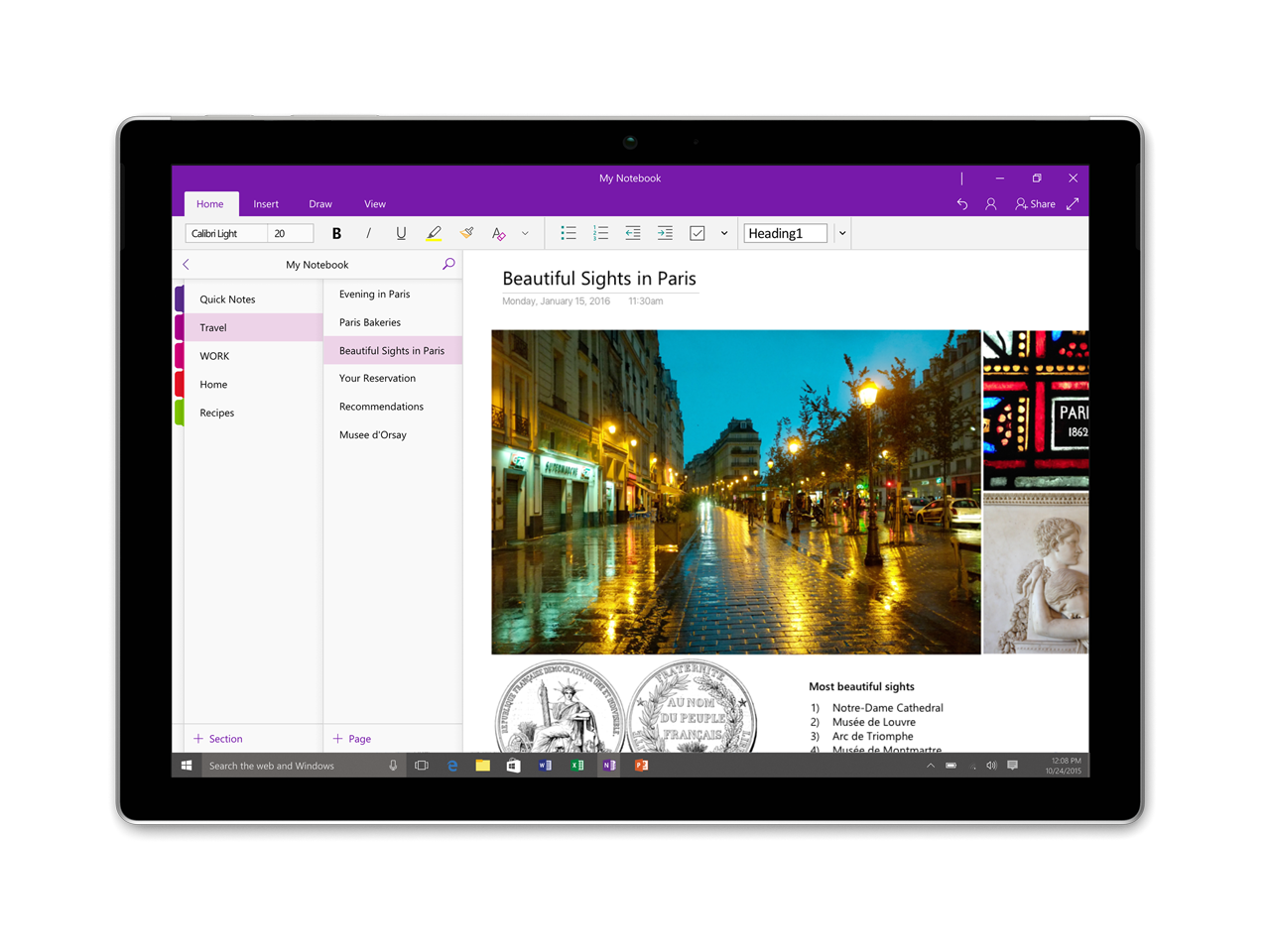 A tablet showing OneNote on Windows 10